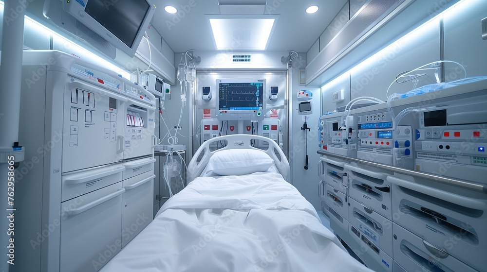 A fully equipped Intensive Care Unit (ICU) showcasing numerous medical monitors and advanced life support equipment to care for critical patients. A fully equipped Intensive Care Unit (ICU) showcasing numerous medical monitors and advanced life support equipment to care for critical patients.