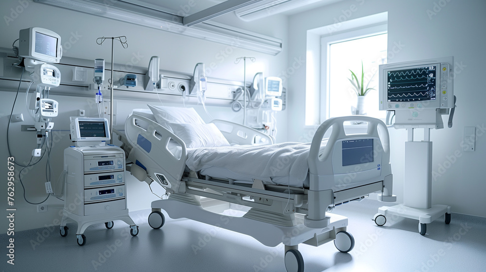 A fully equipped Intensive Care Unit (ICU) showcasing numerous medical monitors and advanced life support equipment to care for critical patients.