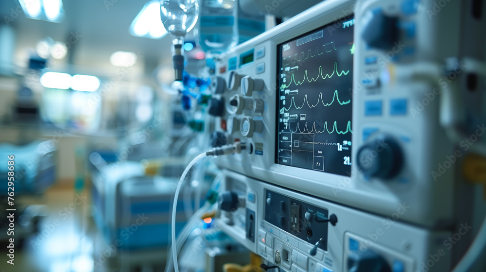 A fully equipped Intensive Care Unit (ICU) showcasing numerous medical monitors and advanced life support equipment to care for critical patients. A fully equipped Intensive Care Unit (ICU) showcasing numerous medical monitors and advanced life support equipment to care for critical patients.