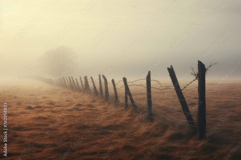 An old fence with barbed wire on a field with fog