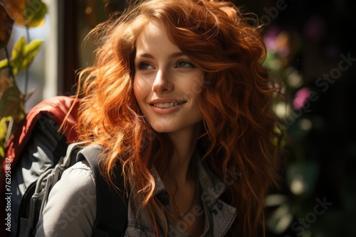 Red-haired woman with a cheerful smile outdoors