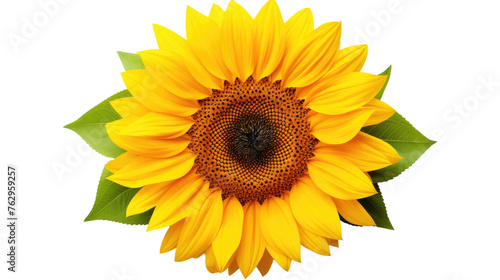 Large Yellow Sunflower With Green Leaves. On a White or Clear Surface PNG Transparent Background..