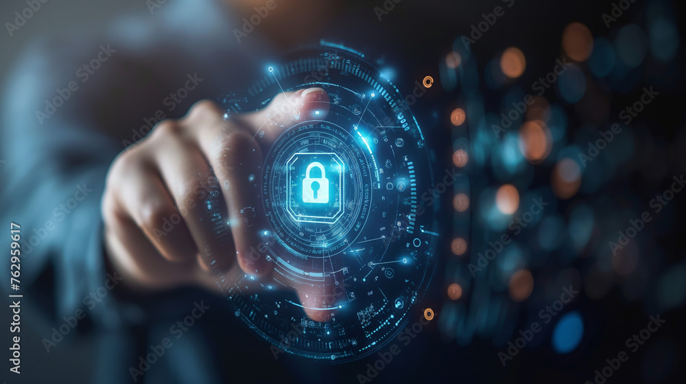 A person interacts with a high-tech digital lock interface, symbolizing advanced cybersecurity measures in a networked world. A person interacts with a high-tech digital lock interface, symbolizing advanced cybersecurity measures in a networked world.