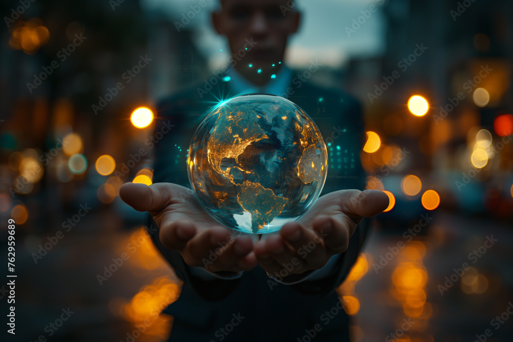 Fototapeta premium In a visionary display, a person holds a transparent, illuminated globe before an urban nightscape, symbolizing global connectivity and vision.
