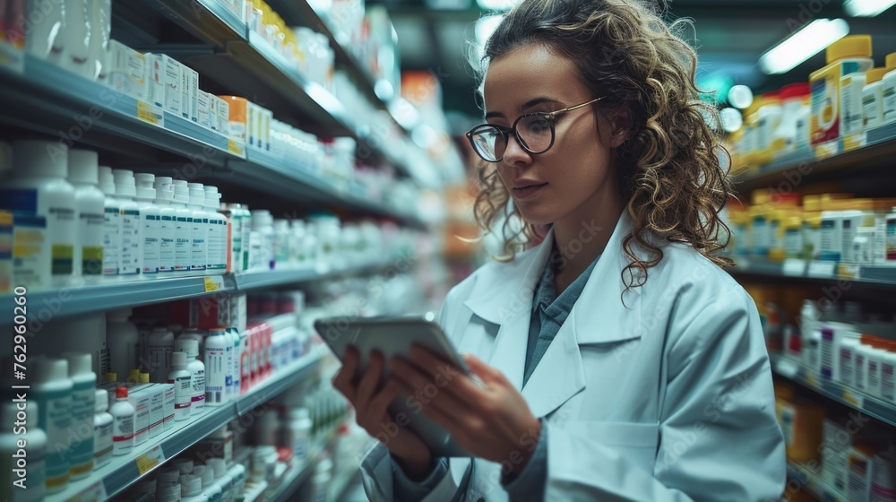 Female pharmacist using tablet in a pharmacy, Selective focus shot with healthcare