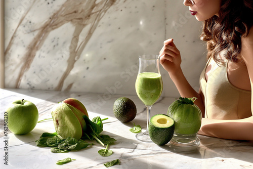 A woman is sitting at a table with a glass of green juice