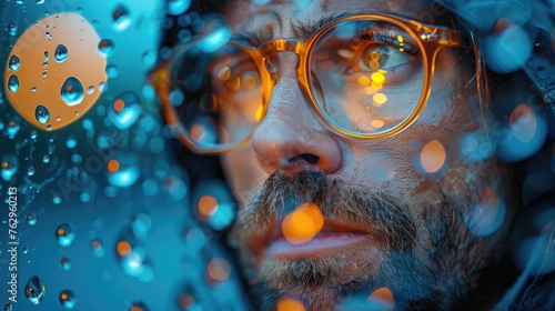 Close-up portrait of a man with water droplets on glasses.