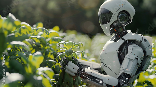 humanoid robot android farmer helps grow plants, vegetable garden of the future, futuristic food growing technology, agriculture development, generative ai