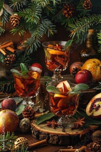 Mulled wine glasses with spices and winter decorations.