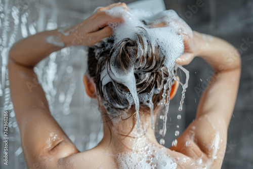 A woman with long hair washing her hair with a shampoo, back view. AI generative