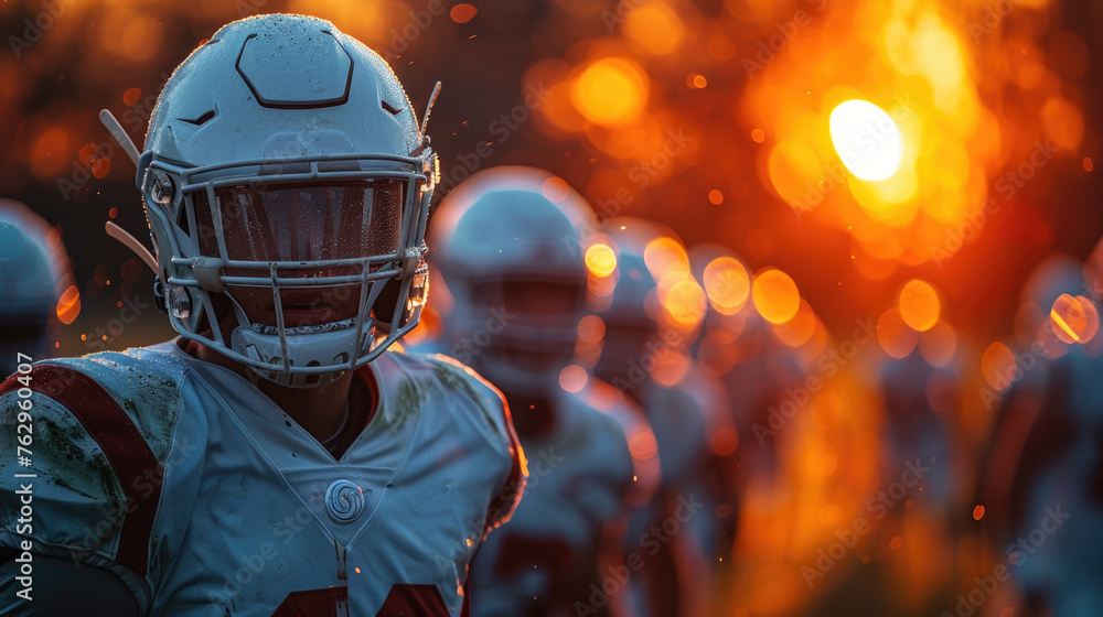 American football player in helmet with sunset backlight. American football player in helmet with sunset backlight.