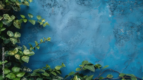Tropical green leaves against a textured blue wall.