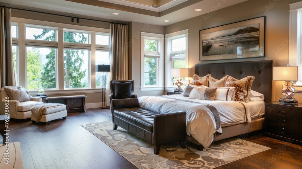 Luxury bedroom interior design with large windows and forest view.