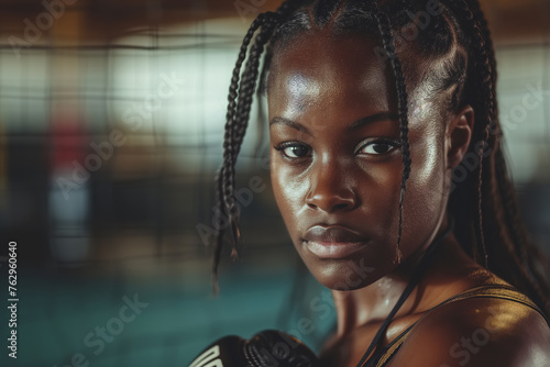 A female fighter with dreadlocks is standing in the gym, an African-American woman is training mma photo