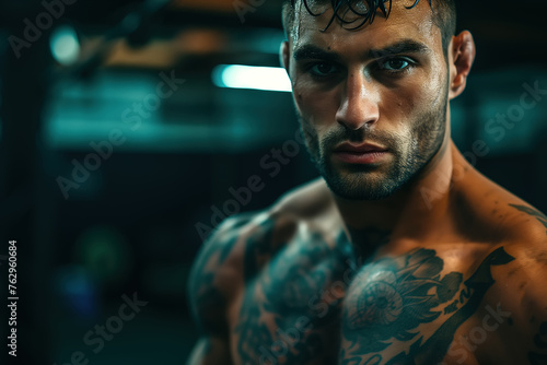A male mma fighter with tattoos on his chest strikes a pose showing off his muscular physique at the gym