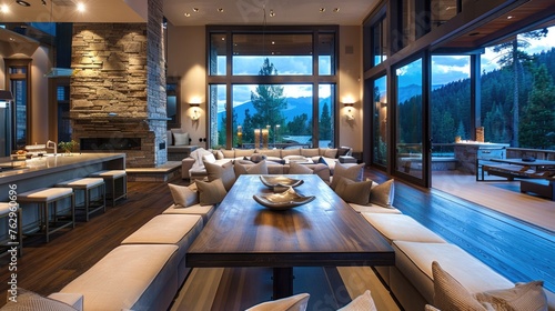 Luxurious open space living room and dining area with fireplace and mountain view