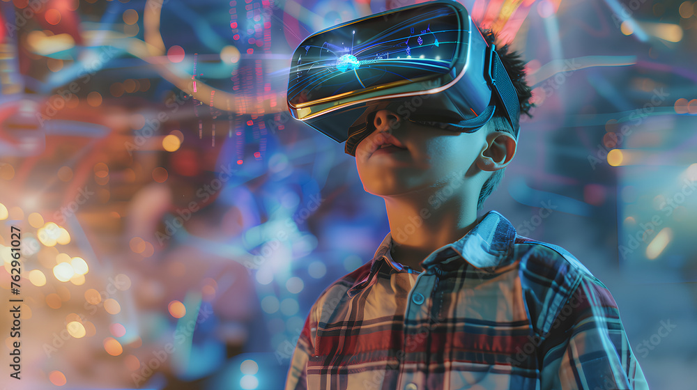 A boy wearing a white lab coat is looking at a computer screen with a blue background. The boy is wearing a virtual reality headset A boy wearing a white lab coat is looking at a computer screen with a blue background. The boy is wearing a virtual reality headset