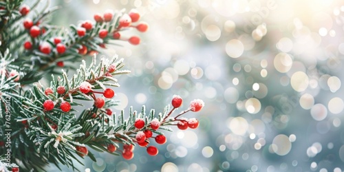 Frosted pine branches adorned with vibrant red berries in winter sparkle.