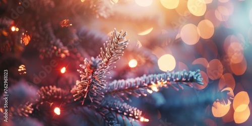 Close-up of a fir tree branch with sparkling Christmas lights in the background.