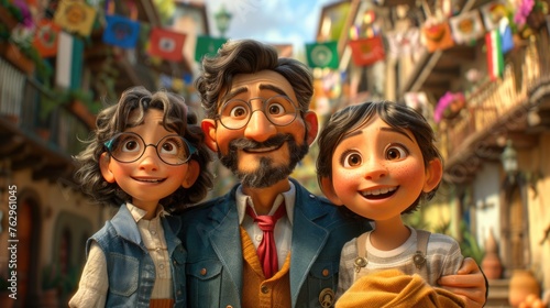 Colorful animated family portrait in a festive town setting. 3D animation still photo