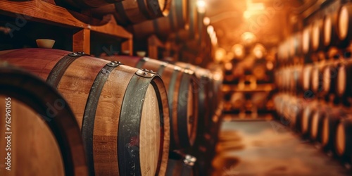 Rows of aged wooden wine barrels stacked in a rustic cellar with warm ambient lighting.