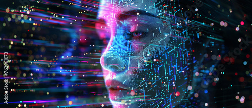 Digital human face with vibrant data streams, representing advanced technology and AI.