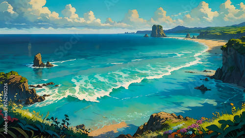 Illustration of a beautiful blue sea with mountains and clouds 