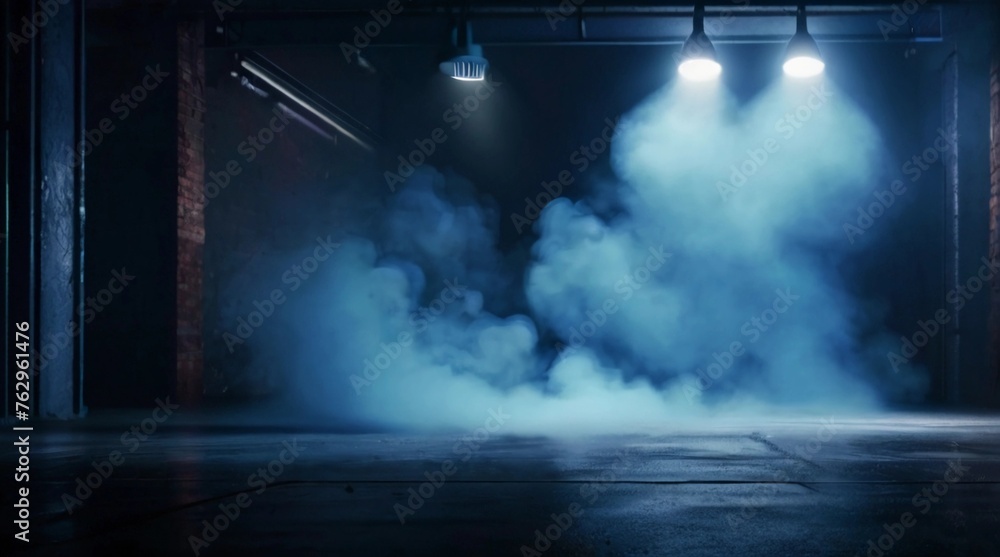Blue background wall with smoke ,scene with clouds and sky