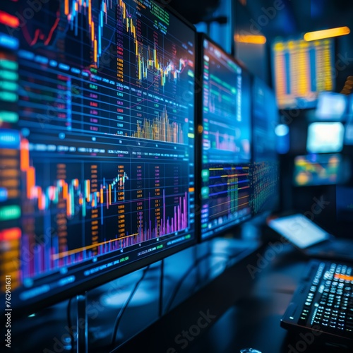 Stock market data analysis in the trading room. Multiple screens display vivid stock market graphs and data in a high-tech trading room