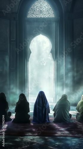 Muslim people praying inside the mosque to welcome Ramadan Kareem background. Concept of prayer