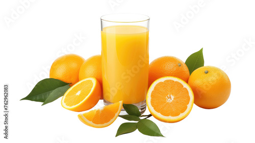 Glass of Orange Juice Surrounded by Oranges. On a White or Clear Surface PNG Transparent Background..