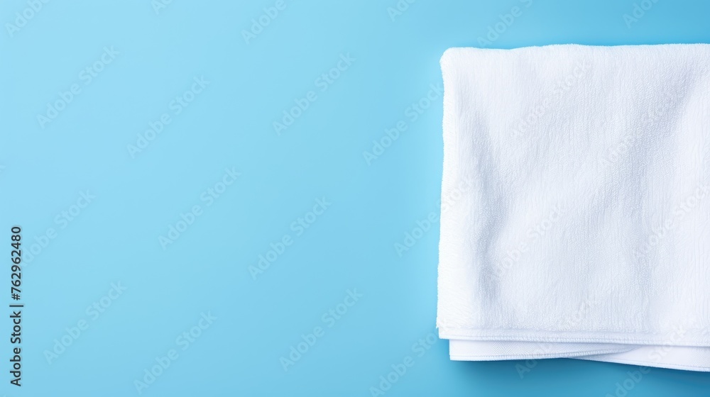 White cotton towels on a blue background. Bathroom decor and accessories.