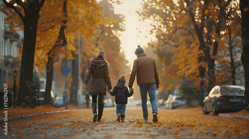 Rear view on Young family walking on avenue in autumn colors © MistoGraphy