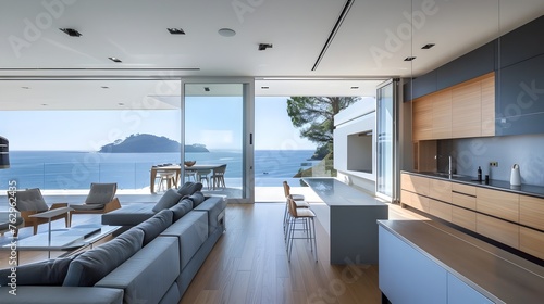 Spacious Living Area Merges with Minimalist Kitchen Overlooking Majestic Seascape
