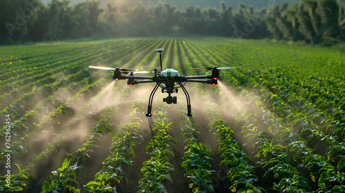 Modern technologies in agriculture. industrial drone flies over a green field and sprays useful pesticides to increase productivity and destroys harmful insects, increase productivity, generative ai photo