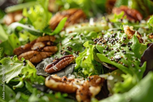 Fresh Organic Green Salad Leaves with Walnuts - Healthy Eating Concept, Top View Close Up of Nutritious Salad Mix with Frisee Lettuce, Kale, Arugula, and Crunchy Walnuts © evgenia_lo