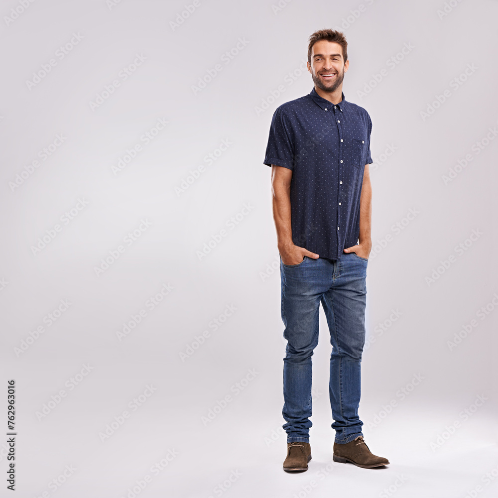Creative, businessman and portrait of fashion in studio, background and mockup with confidence. Happy, man and relax in jeans with pride or casual style in business as art director or entrepreneur Creative, businessman and portrait of fashion in studio, background and mockup with confidence. Happy, man and relax in jeans with pride or casual style in business as art director or entrepreneur