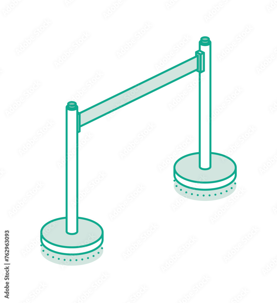 Isometric retractable belt stanchion. Portable ribbon barrier. Fencing tape. Outline style. Objects isolated on white background. Isometric retractable belt stanchion. Portable ribbon barrier. Fencing tape. Outline style. Objects isolated on white background.