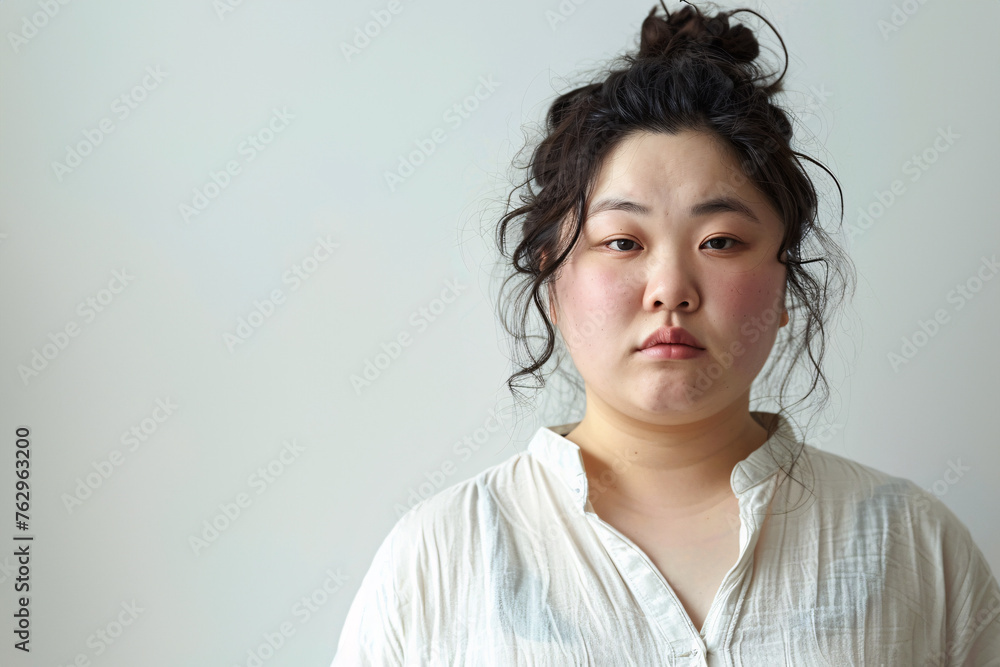 Asian plus size woman in front of light gray background with copy space Asian plus size woman in front of light gray background with copy space