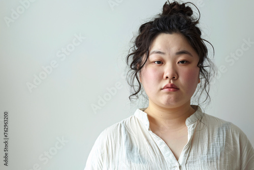 Asian plus size woman in front of light gray background with copy space