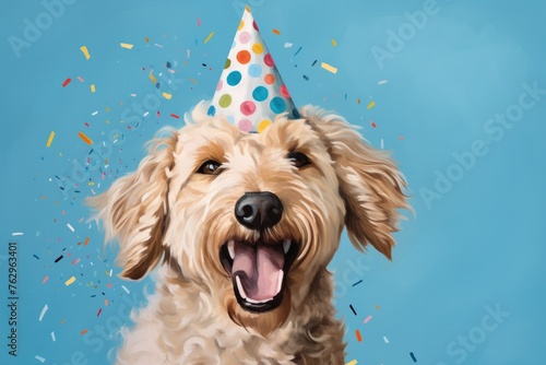 Happy goldendoodle wearing party hat with confetti on a blue background in a minimalistic style.