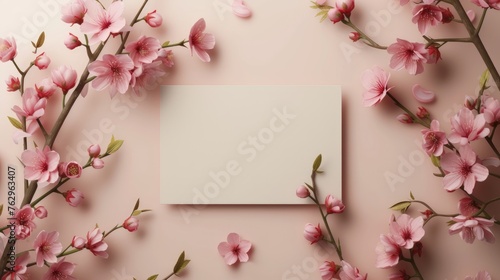Beautiful white greeting card in the center with arrangement pink cherry blossom on pink wall. mockup engagement, wedding invitation