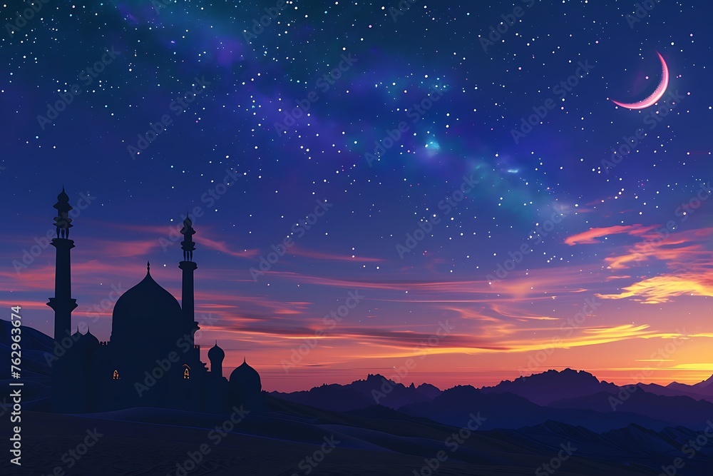 Landscape of the twilight sky of Ramadan. Muslim night atmosphere background.