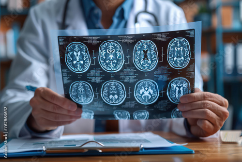 A doctor is holding a piece of paper with a brain scan on it
