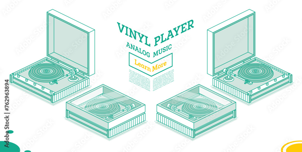Isometric vinyl player with disk and cover. Object isolated on white background. Vinyl recorder. 3d element in outline style. Isometric vinyl player with disk and cover. Object isolated on white background. Vinyl recorder. 3d element in outline style.