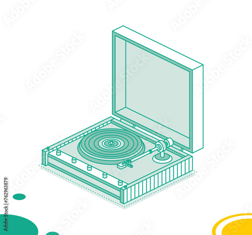 Isometric vinyl player. Object isolated on white background. Vinyl recorder. 3d element in outline style.