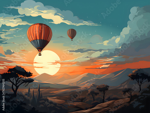 hot air balloon with sun coming out background illustration