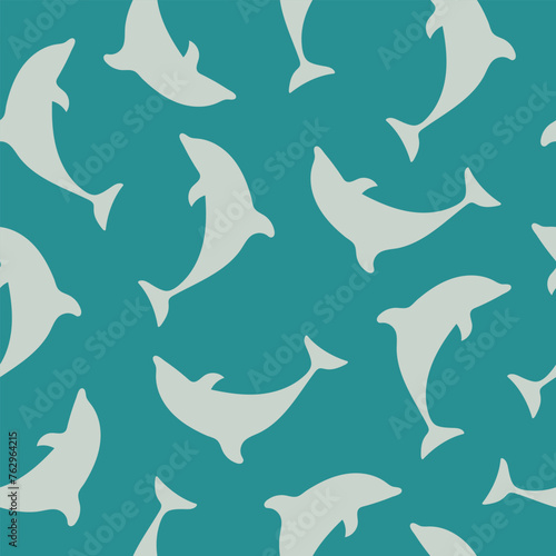 Seamless pattern with a dolphin on a sea wave background. Summer sea background.