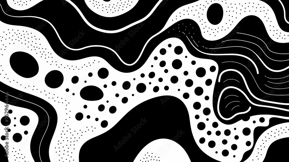 Black and white abstract pattern with dots, lines, curves and waves. Modern art print