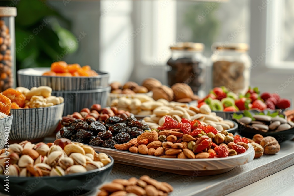 Various nuts and dried fruits on the table